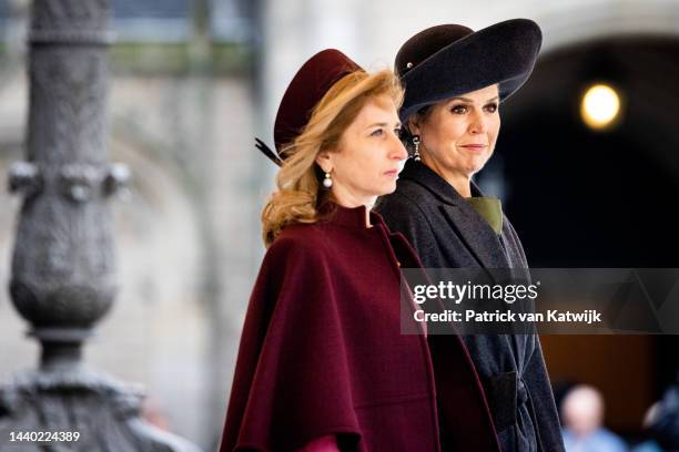 Queen Maxima of The Netherlands and Italian first daughter Laura Mattarella during an official welcome ceremony for the Italian President at the Dam...