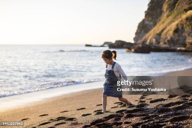 a family playing in the evening at a beach they visited on vacation. - beautiful barefoot girls - fotografias e filmes do acervo