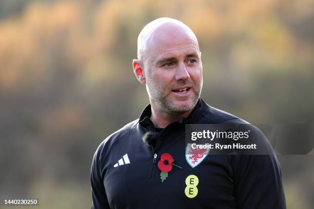 Rob Page, Manager of Wales, looks on during the Rhondda Primary Schools Football Festival & 3G Pitch Official Opening on November 09, 2022 in...