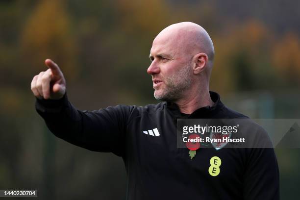 Rob Page, Manager of Wales, looks on as watch matches during the Rhondda Primary Schools Football Festival & 3G Pitch Official Opening on November...