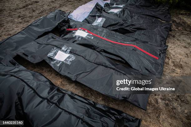 Black body bags with exhumed bodies lie at the site of a mass burial on October 11, 2022 in Lyman, Ukraine. The exhumation was completed at the site...