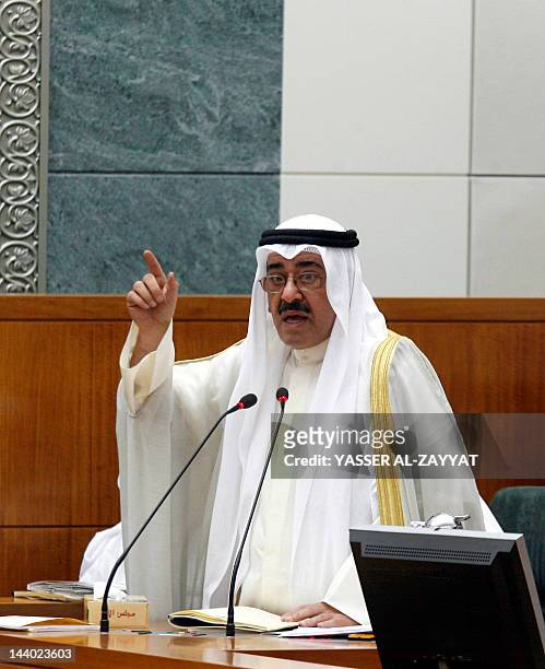 Kuwaiti Interior Minister Sheikh Ahmad al-Hmoud al-Sabah speaks at a parliament session in Kuwait City on May 8, 2012 during a grilling session filed...