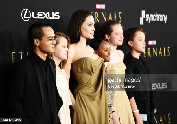 Angelina Jolie and her children Maddox, Vivienne, Knox, Shiloh and Zahara at Marvel's 'The Eternals' Premiere at the El Capitan Theatre on October...