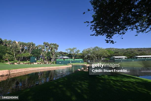 General view of the ninth hole prior to the Nedbank Golf Challenge at Gary Player CC on November 09, 2022 in Sun City, South Africa.