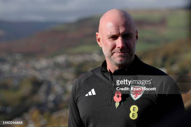 Rob Page, Manager of Wales, looks on as they speak to the press during the Media Session at Penrhys Hill on November 09, 2022 in Tylorstown, Wales.