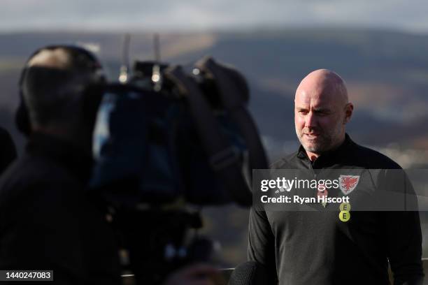 Rob Page, Manager of Wales, speaks to the press during the Media Session at Penrhys Hill on November 09, 2022 in Tylorstown, Wales.