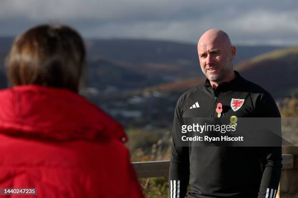Rob Page, Manager of Wales, speaks to the press during the Media Session at Penrhys Hill on November 09, 2022 in Tylorstown, Wales.