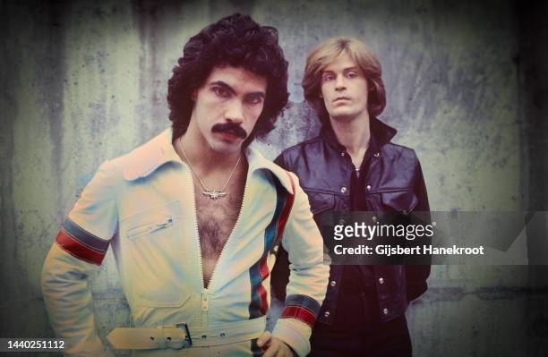 Daryl Hall and John Oates of Hall and Oates, posed outside of the TopPop Studio Hilversum, Netherlands, January 1976. They were recording a video for...
