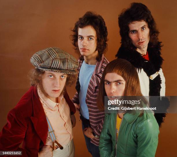 Slade, studio group portrait, Amsterdam, Netherlands, 1972. L-R Noddy Holder, Jim Lea, Dave Hill, Don Powell.