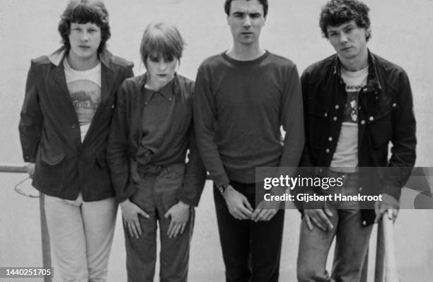 The Talking Heads, group portrait, Amsterdam, Netherlands, 1976. Chris Frantz, Tina Weymouth, David Byrne, Jerry Harrison.