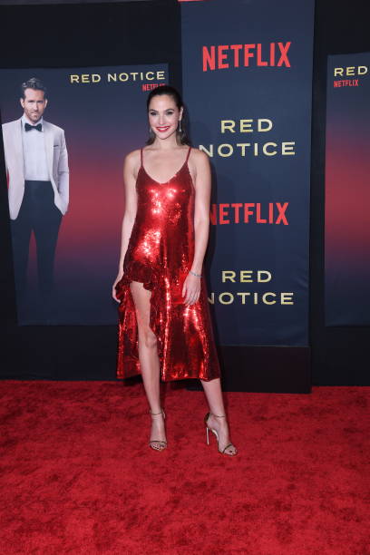 Gal Gadot arrives at the premiere of Netflix's 'Red Notice' at L.A. Live on November 3, 2021 in Los Angeles, California.