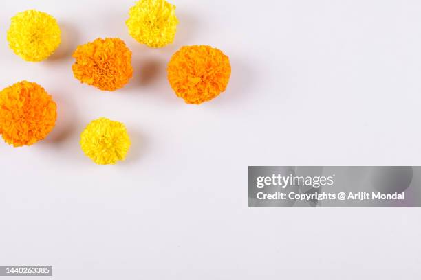 flower background diwali decoration with marigold on white work desk flat lay - rangoli stock-fotos und bilder