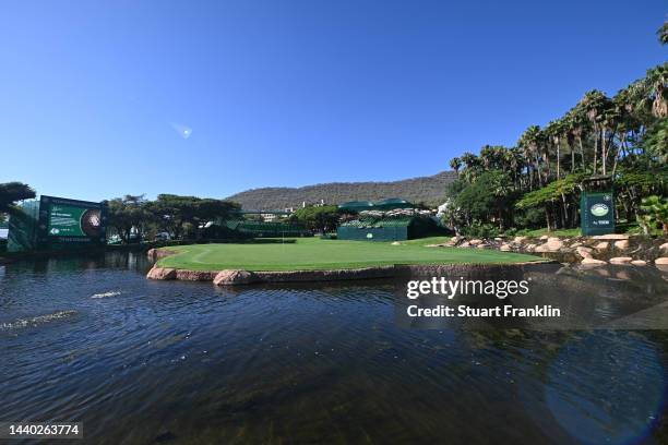 General view of the ninth hole prior to the Nedbank Golf Challenge at Gary Player CC on November 09, 2022 in Sun City, South Africa.