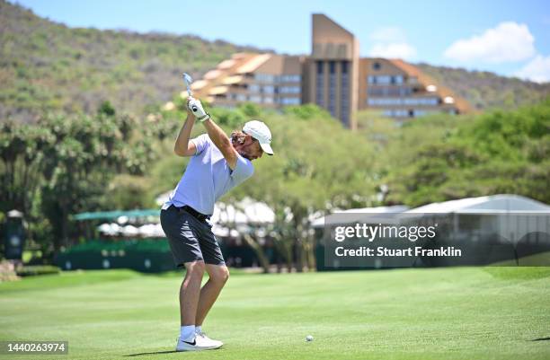 Tommy Fleetwood of England plays a shot during the pro-am prior to the Nedbank Golf Challenge at Gary Player CC on November 09, 2022 in Sun City,...