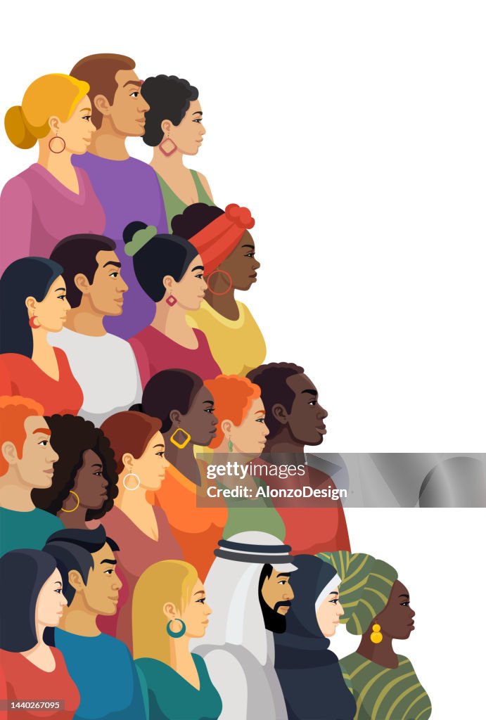Gruppo multietnico di uomini e donne. Vista profilo. Banner verticale.