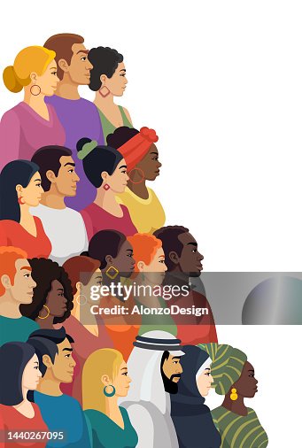 Multi-ethnic Group of Men and Women. Profile View. Vertical Banner. Multi-ethnic Group of Men and Women. Profile View. Vertical Banner.