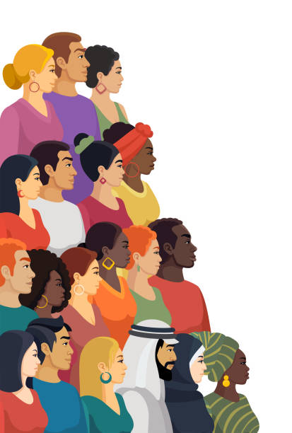 multi-ethnic group of men and women. profile view. vertical banner. - christian solidarity worldwide stock illustrations