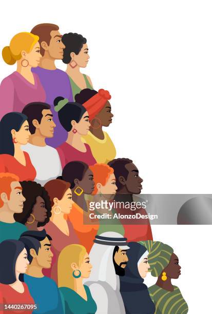 multi-ethnic group of men and women. profile view. vertical banner. - women religion stock illustrations