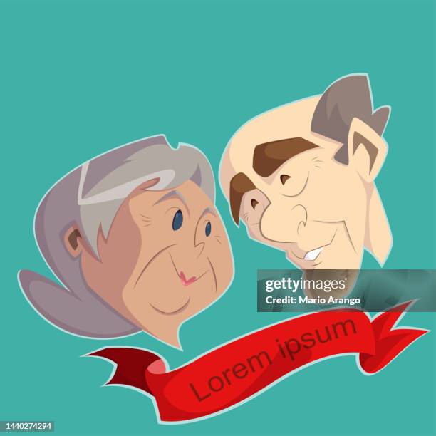 illustration of elderly heterosexual couple of average age 70 who stare at each other with much love - abuelos stock illustrations