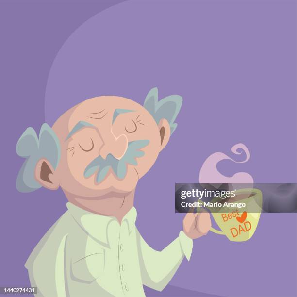 illustration of an elderly grandfather with a big mustache and gray hair with a large cup of hot drink in his hand - big hair stock illustrations stock illustrations