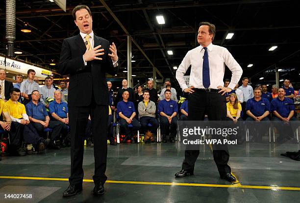 British Prime Minister David Cameron and British Deputy Prime Minister Nick Clegg answer questions from the public at CNH Tractors on May 8, 2012 in...
