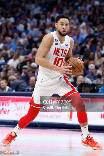 Ben Simmons of the Brooklyn Nets looks to make a pass in the first half against the Dallas Mavericks at American Airlines Center on November 07, 2022...