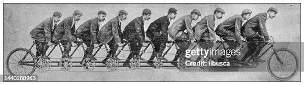 antikes bild: langes tandemfahrrad - tandem bicycle stock-grafiken, -clipart, -cartoons und -symbole