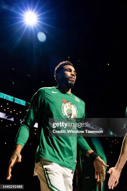 Jayson Tatum of the Boston Celtics is introduced before their game against the Chicago Bulls at TD Garden on November 4, 2022 in Boston,...