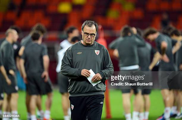 Athletic Bilbao coach Marcelo Bielsa looks on during the Athletic Bilbao training session ahead of the UEFA Europa League Final between Atletico...
