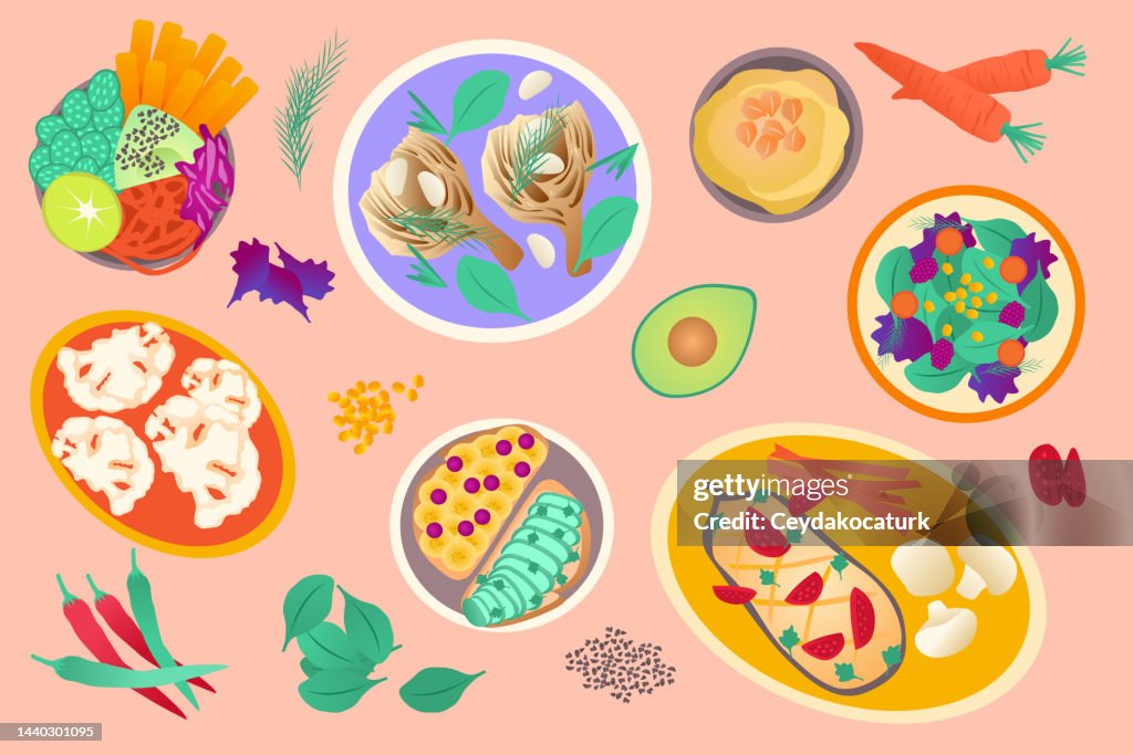Suitable meals and vegetables for vegan diet.