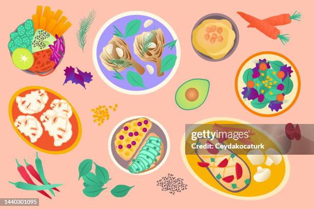 suitable meals and vegetables for vegan diet. - hummus stock illustrations