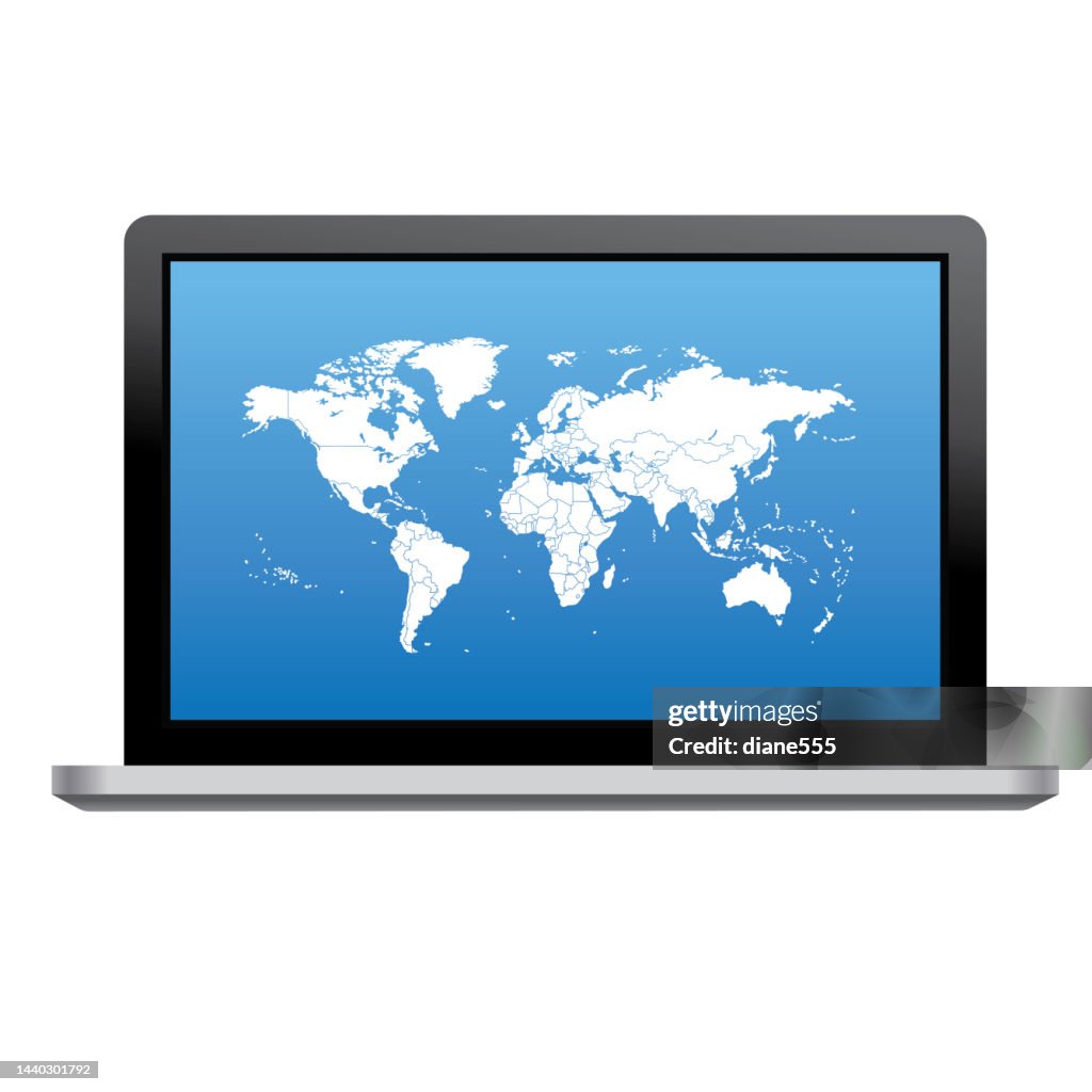 Computer Warld Modern Laptop Computer With World Map High-Res Vector Graphic - Getty ...