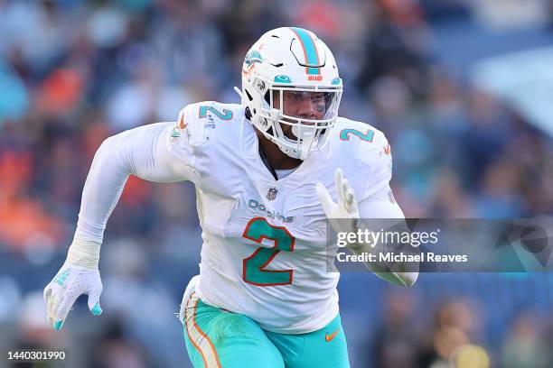 Bradley Chubb of the Miami Dolphins rushes the quarterback against the Chicago Bears at Soldier Field on November 06, 2022 in Chicago, Illinois.