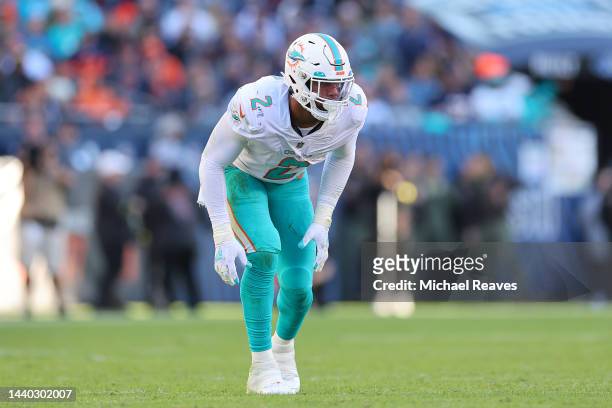 Bradley Chubb of the Miami Dolphins in action against the Chicago Bears at Soldier Field on November 06, 2022 in Chicago, Illinois.