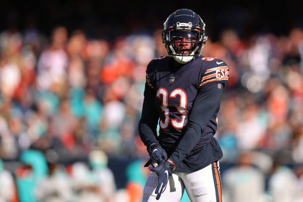 Jaylon Johnson of the Chicago Bears looks on against the Miami Dolphins at Soldier Field on November 06, 2022 in Chicago, Illinois.