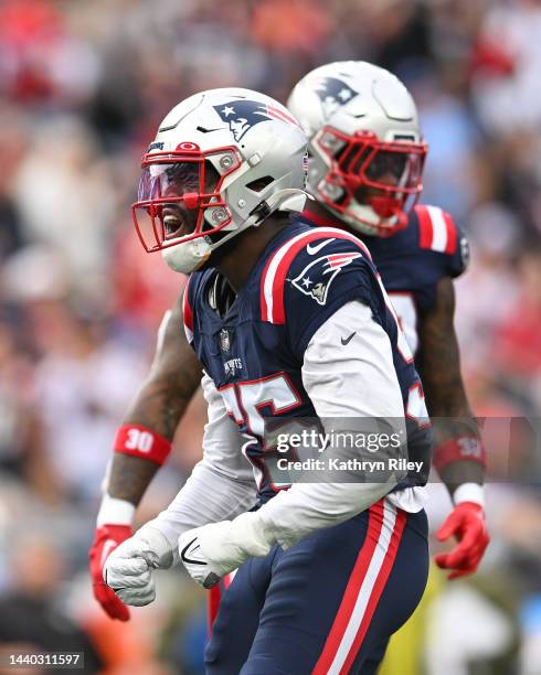 Josh Uche of the New England Patriots reacts after a defensive stop during a game against the Indianapolis Colts at Gillette Stadium on November 6,...