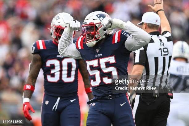 Josh Uche of the New England Patriots reacts after a defensive stop during a game against the Indianapolis Colts at Gillette Stadium on November 6,...