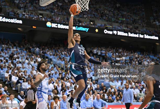 Shykeim Phillips of the North Carolina-Wilmington Seahawks drives to the basket against the North Carolina Tar Heels during their game at the Dean E....