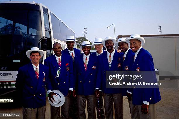 John Stockton, Clyde Drexler,David Robinson,Charles Barkley,Christian Laettner,Karl Malone,Magic Johnson and Scottie Pippen arrive at the 1992...