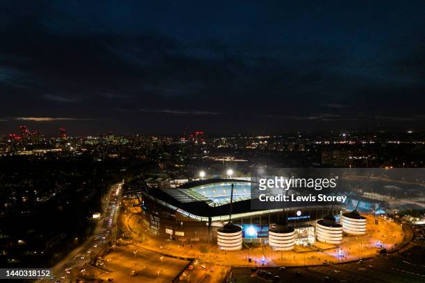 An aerial view of the Etihad Stadium is seen ahead of the Carabao Cup Third Round match between Manchester City and Chelsea at Etihad Stadium on...