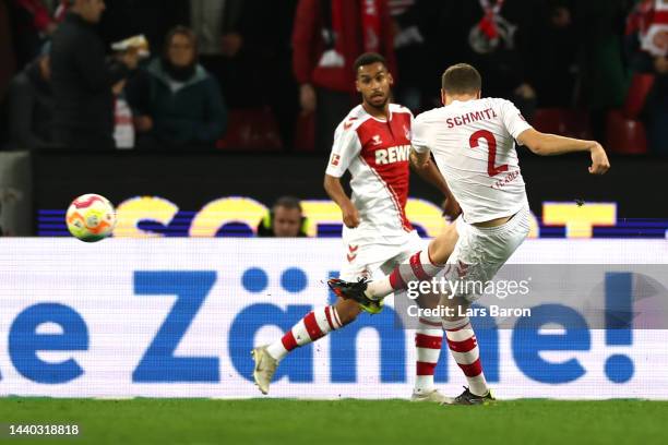 Benno Schmitz of 1.FC Koln scores their team's first goal during the Bundesliga match between 1. FC Köln and Bayer 04 Leverkusen at...