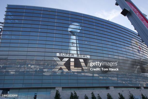 Exterior view of Cowboys Stadium with Super Bowl 45 logo before Super Bowl XLV between the Green Bay Packer and Pittsburgh Steelers at Cowboys...