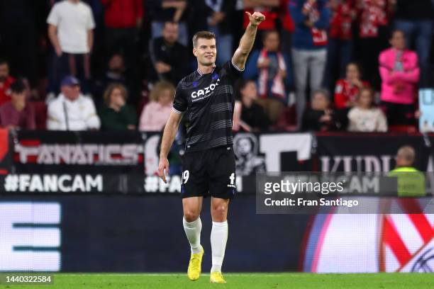 Alexander Sorloth of Real Sociedad celebrates after scoring their team's first goal during the LaLiga Santander match between Sevilla FC and Real...
