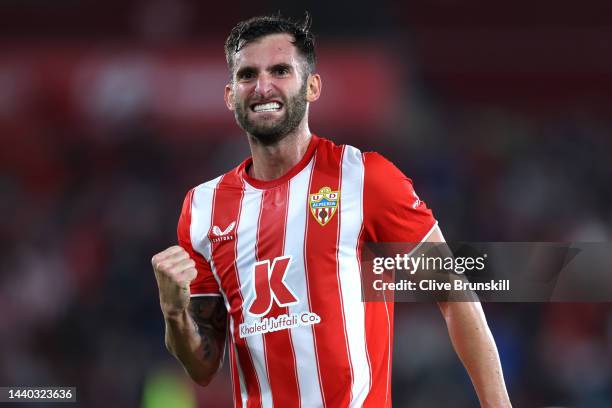 Leo Baptistao of UD Almeria celebrates after scoring their team's first goal during the LaLiga Santander match between UD Almeria and Getafe CF at...