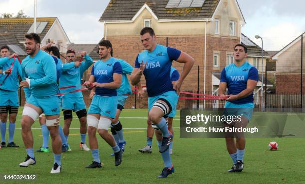 Pedro Rubiolo of the Argentinian Rugby together with fellow players take part in a training session ahead of their match with Wales as part of the...