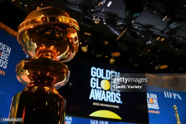 View of the Golden Globe statue on stage before HFPA President Helen Hoehne announces the nominations for the 79th Annual Golden Globes at the...