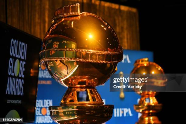 View of the Golden Globe statue on stage before HFPA President Helen Hoehne announces the nominations for the 79th Annual Golden Globes at the...