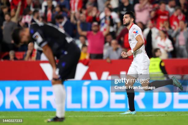 Rafa Mir of Sevilla FC celebrates after scoring their team's first goal during the LaLiga Santander match between Sevilla FC and Real Sociedad at...