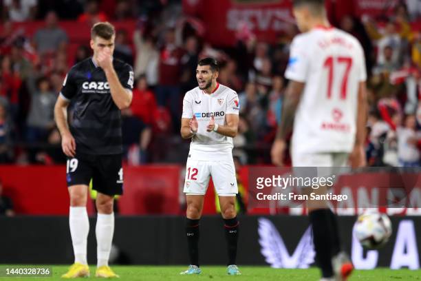 Rafa Mir of Sevilla FC celebrates after scoring their team's first goal during the LaLiga Santander match between Sevilla FC and Real Sociedad at...