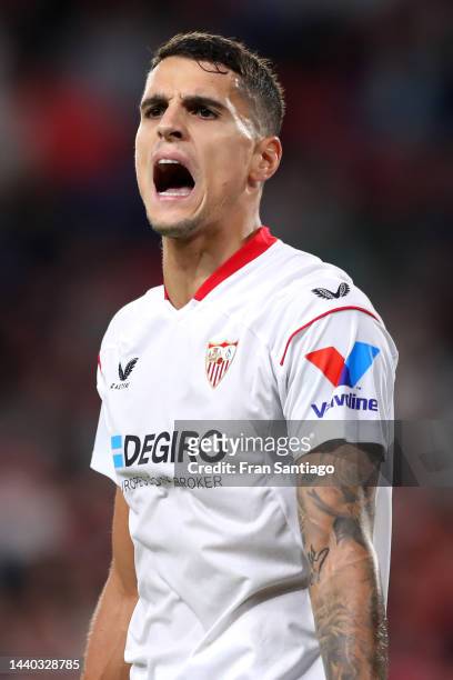 Erik Lamela of Sevilla FC reacts during the LaLiga Santander match between Sevilla FC and Real Sociedad at Estadio Ramon Sanchez Pizjuan on November...